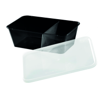 Boite rectangulaire noire plastique PP à 2 compartiments avec couvercle transparent 750ml   H60mm