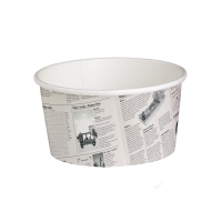 White cardboard "Deli" container with newspaper print