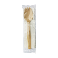 Kit couverts bois 2/1: fourchette-cuillère serviette, emballage transparent    H147mm