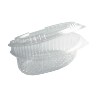 Barquette plastique PET transparente ovale avec couvercle attaché 2000 ml 25,5 x 16 x 11 cm