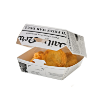 White cardboard burger box with newsprint design