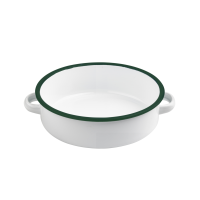 Enamel round dish with handles white steel green rim